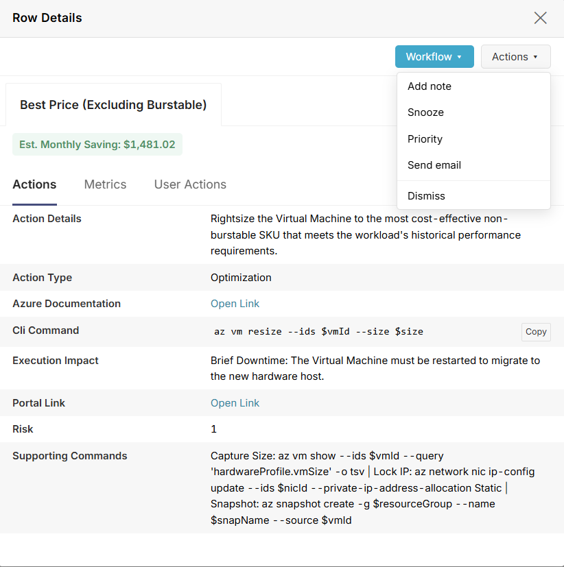 CloudHiro Row Details modal showing a specific optimization with CLI command, execution impact, risk level, and workflow actions like snooze and dismiss